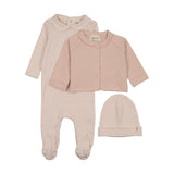 Mema Knit Pale Rose Stripe Collar Footie/Cardigan/Beanie