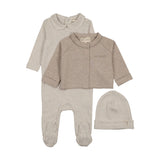 Mema Knit Beige Melange Stripe Collar Footie/Cardigan/Beanie
