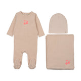 Mema Knit Neon Pink Cherry Embroidered Layette Set