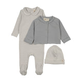 Mema Knit Dove Blue Stripe Collar Footie/Cardigan/Beanie