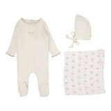 Lilette Cream Pink Bow Pointelle Graphic Layette Set