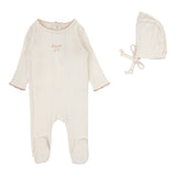Lilette Cream Pink Bow Pointelle Graphic Footie Set